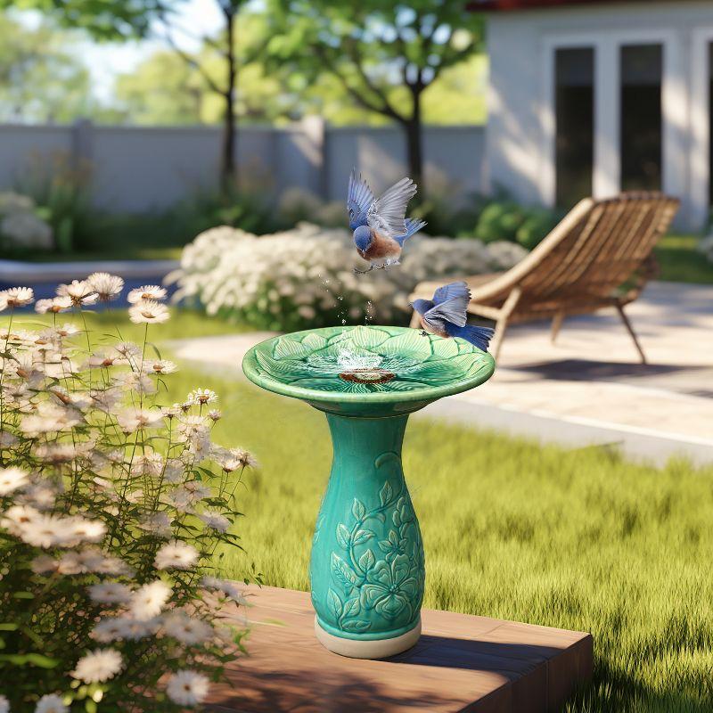 LuxenHome Aqua Glazed Flower Ceramic 22-In Tall Birdbath Green