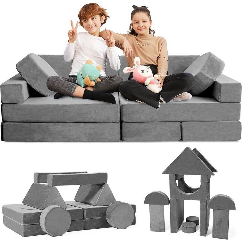 Contour Comfort Kids Couch 14 PC Modular Kids Play Set – Convertible Kids Sofa with Soft Foam Cushions | Kids Fort Couch, Kid Play Room Furniture-Grey