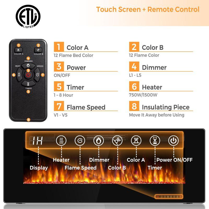 Tangkula 30"/36"/42"/50"/60" Recessed Electric Fireplace 750W/1500W heater in Wall Remote Control w/Timer Available Flame