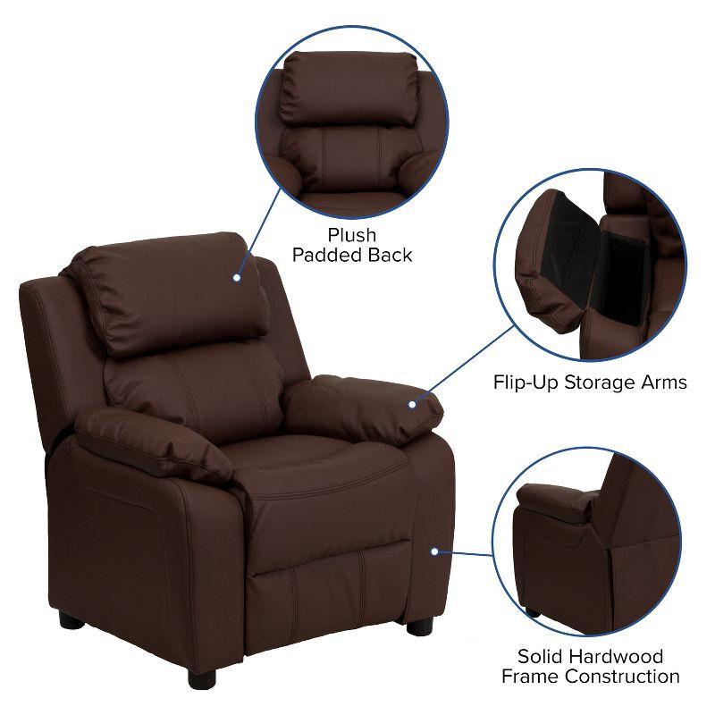Emma and Oliver Deluxe Padded Brown LeatherSoft Kids Recliner with Storage Arms