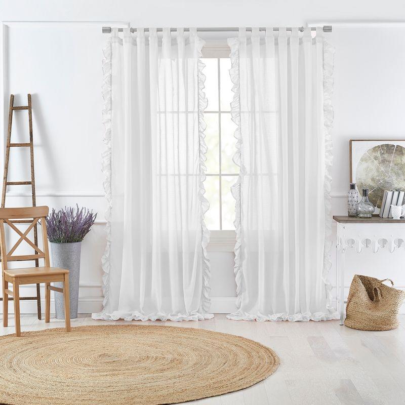 White Sheer Cotton Tab-Top Ruffle Window Curtain Panel