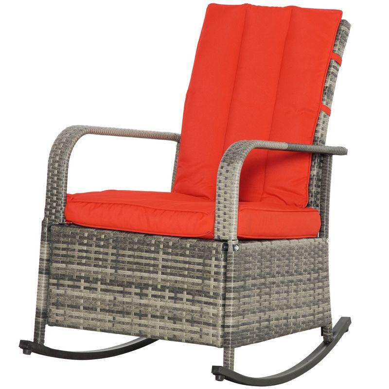 Outsunny Outdoor Rattan Wicker Rocking Chair Patio Recliner with Soft Cushion, Adjustable Footrest, Max. 135 Degree Backrest