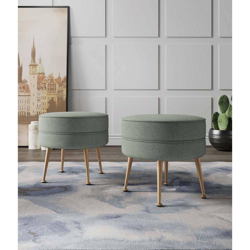 Set of 2 Sage Green Upholstered Ottomans with Gold Legs