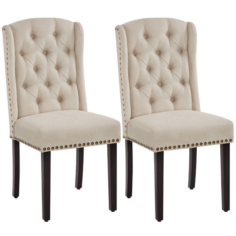 Beige Upholstered Button Tufted High Back Side Chairs with Wood Legs