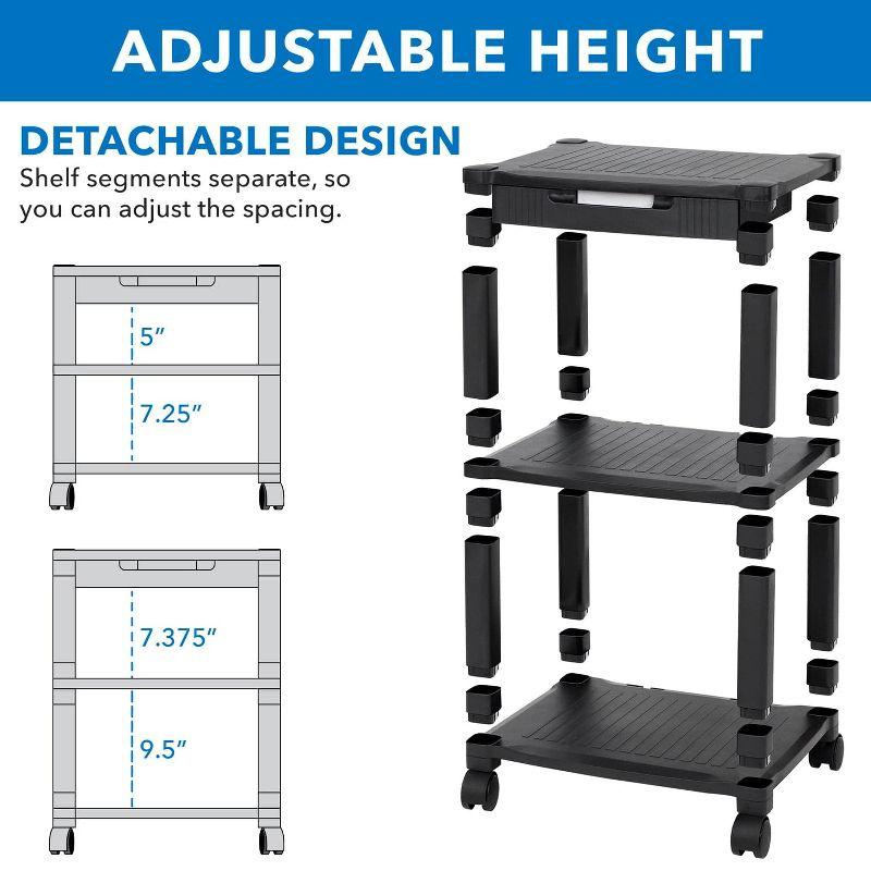 Black Adjustable 3-Tier Rolling Printer Cart with Drawer