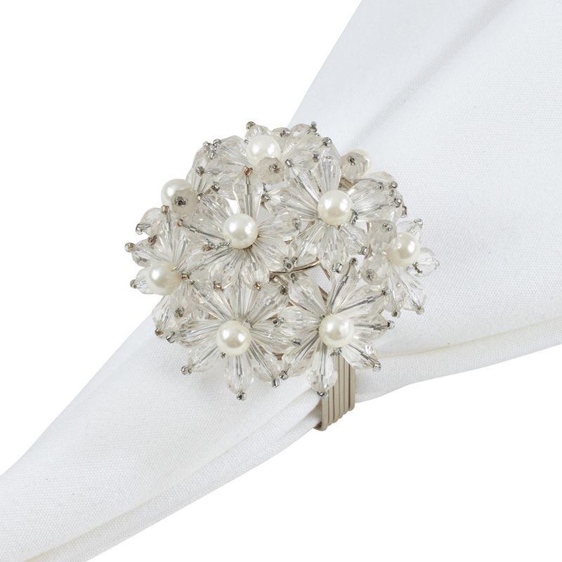 Clear Beaded Floral Design Napkin Rings Set of 4