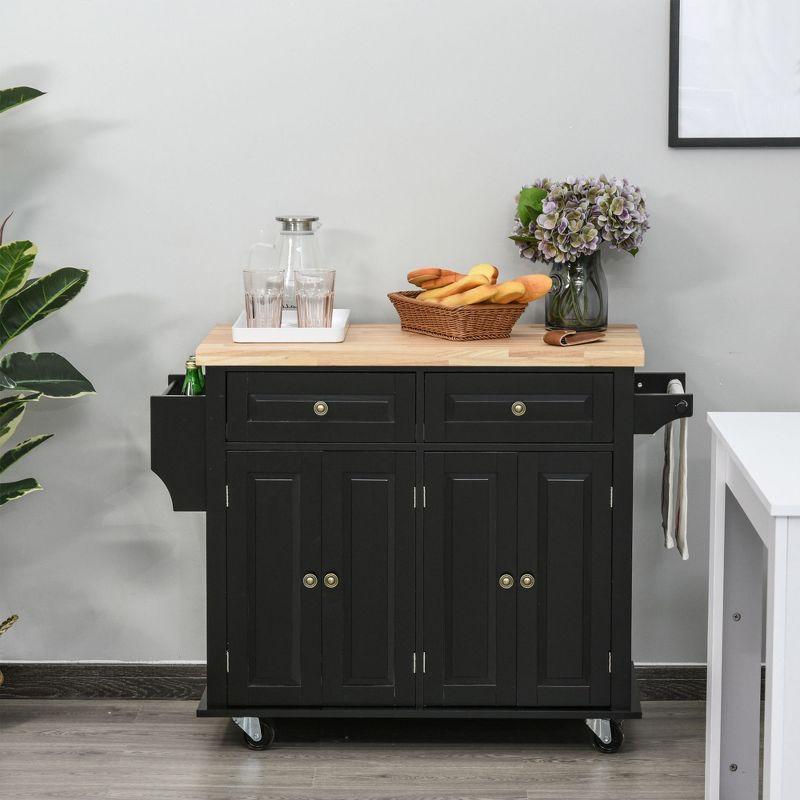 HOMCOM Kitchen Island on Wheels, Rolling Cart with Rubber Wood Top, Spice Rack, Towel Rack & Drawers for Dining Room, Black