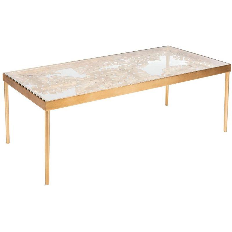 Elegant Gold Leaf Rectangular Glass Coffee Table with Palm Design