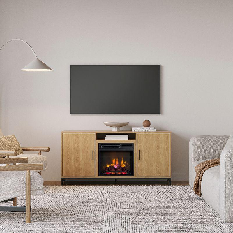 Modern White Oak TV Stand with Electric Fireplace and Cabinets