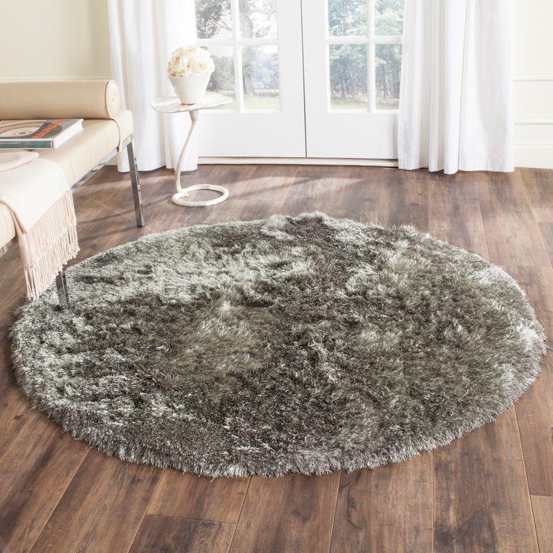 Elegant Silver Shag 9' Round Wool & Synthetic Hand-Tufted Rug