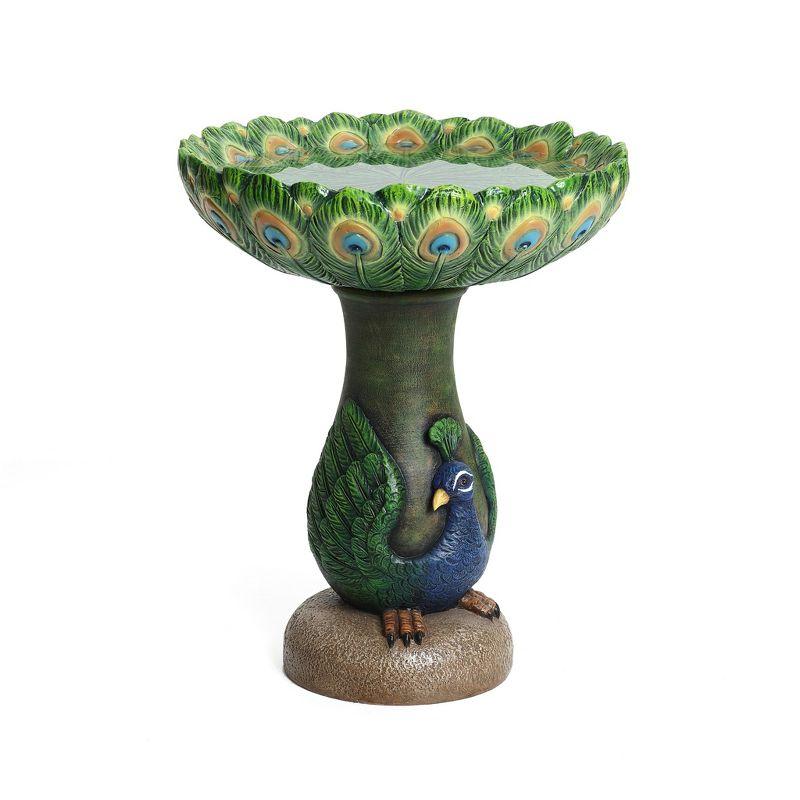 LuxenHome 20" Elegant Tall Peacock Outdoor Resin Bird Bath with Elegant Feather Basin for Garden, Patio Multicolored