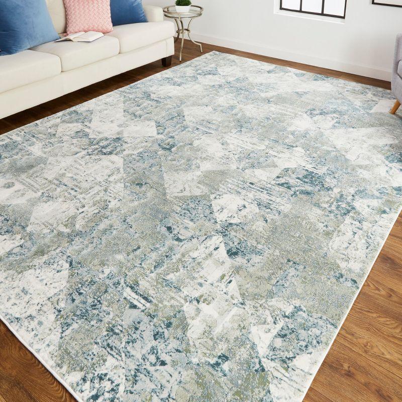 Ivory and Green Geometric Synthetic Area Rug