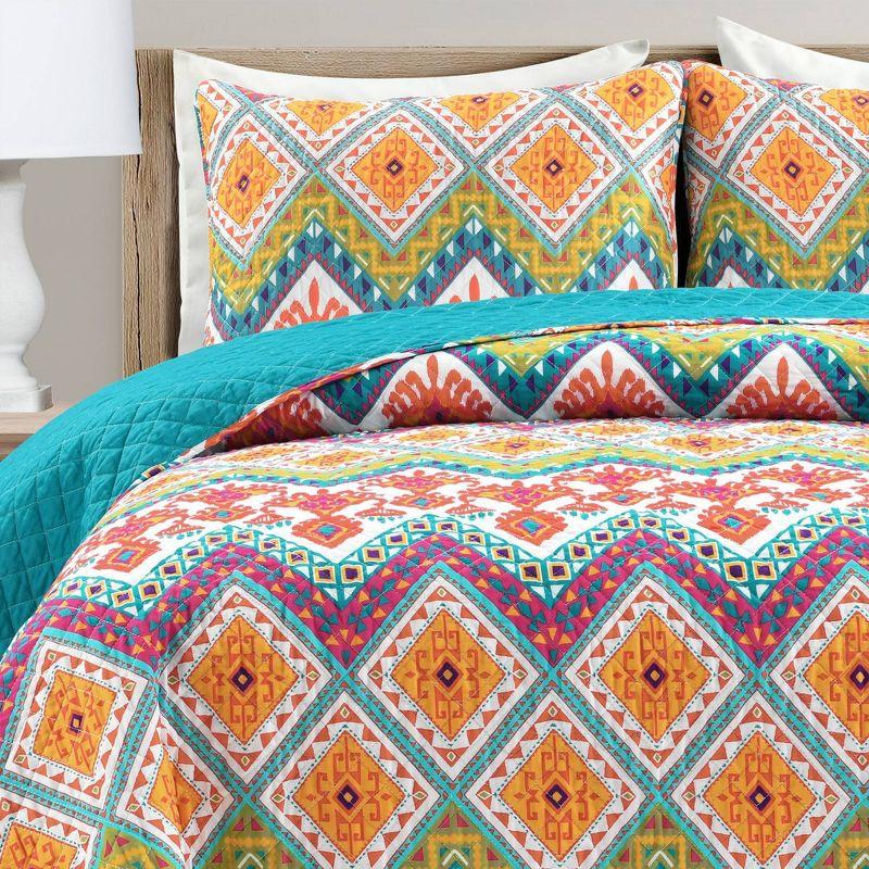 Boho Turquoise/Orange/Purple Standard Cotton Reversible 3 Piece Quilt Set