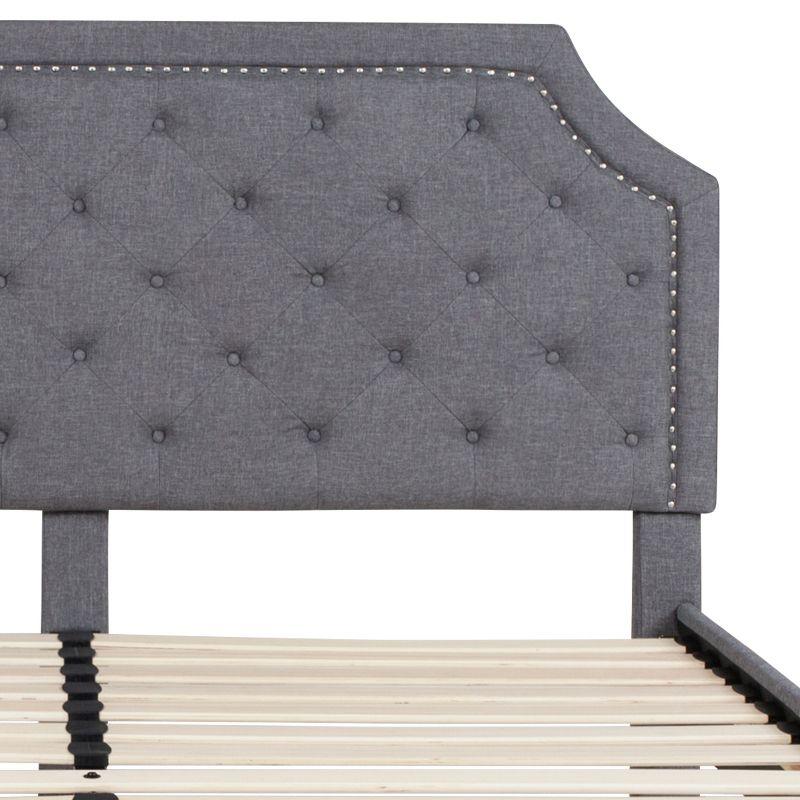 Elegant King-Sized Light Gray Upholstered Platform Bed with Nailhead Trim