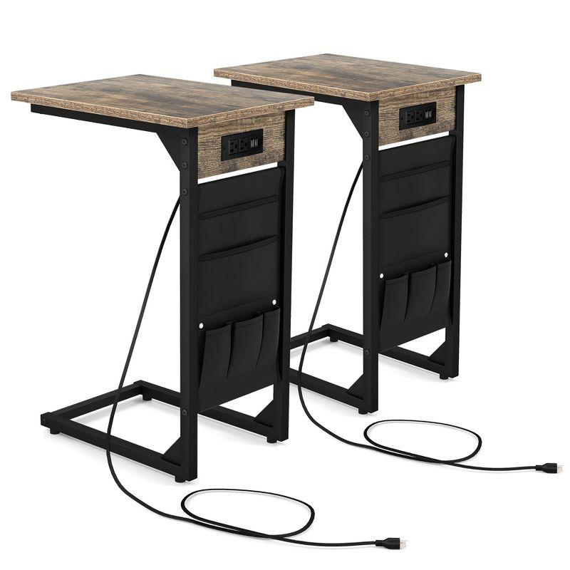 Rustic Brown Metal C-Shaped End Table Set with Charging Station