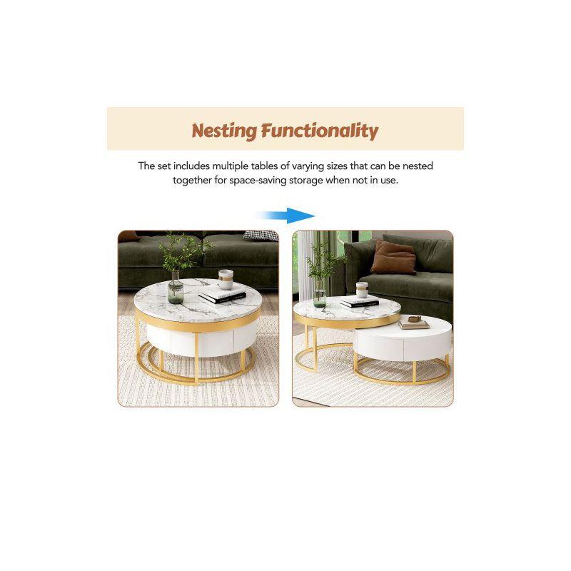 Modern Round Nesting Coffee Table with Drawers, White