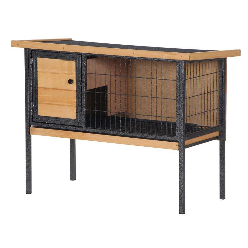 PawHut Rabbit Hutch Elevated Bunny Cage Small Animal Habitat with Metal Frame, Wire Pan, and Asphalt Roof for Indoor/Outdoor Natural Wood
