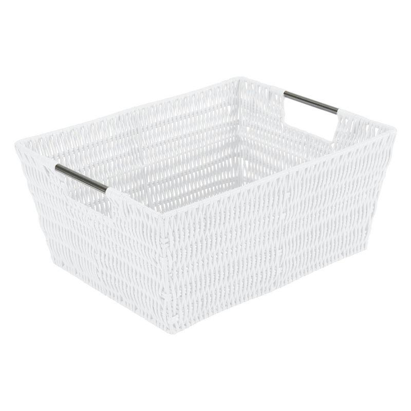 White Rectangular Rattan Storage Baskets with Iron Handles, Set of 3