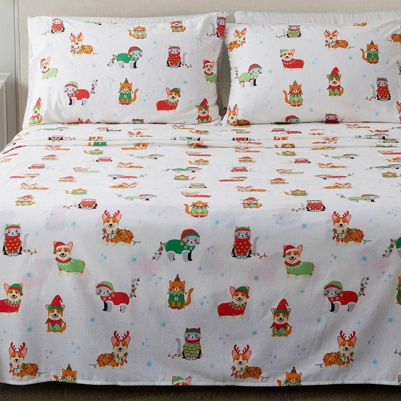 100% Cotton Christmas Flannel Sheets - Great Bay Home (Queen, Dog Cat Christmas)