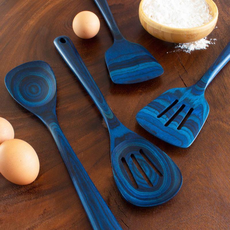 Baltique 4pc Malta Utensil Set: Wood Kitchen Tools, Hand Wash, Blue Cooking Utensils, Adult Kitchen Utensil Set