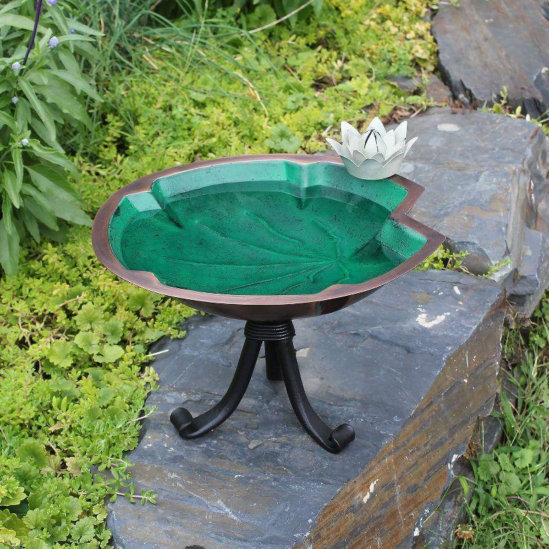 15" Green and Copper Metal Lily Pad Birdbath with Iron Stand