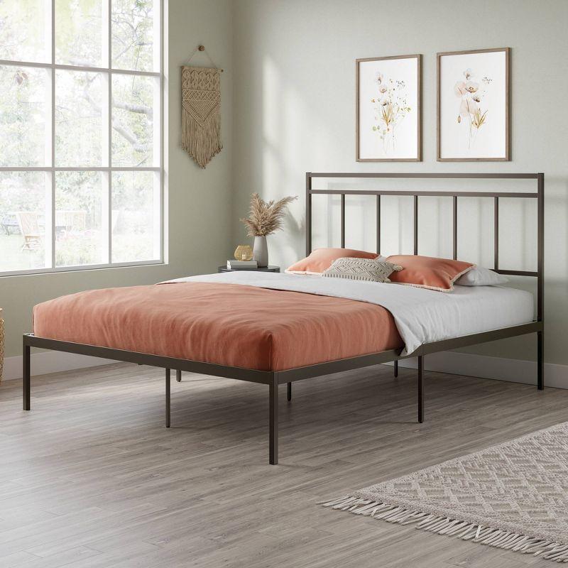 Bronze Queen Metal Platform Bed with Headboard and Drawer