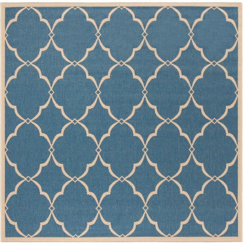 Blue and Cream Geometric Square Indoor/Outdoor Rug