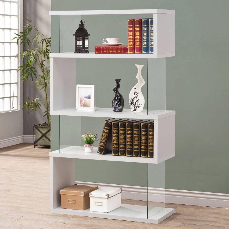 White Zig Zag 4-Shelf Bookcase with Glass Panels