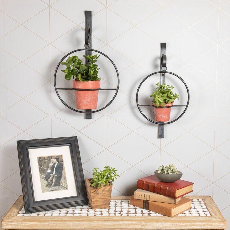 Set of 2 Hanging Planters with Circular Frame and Terra Cotta Metal Pots Black - Danya B.: Iron Wall-Mounted, Outdoor-Indoor Use