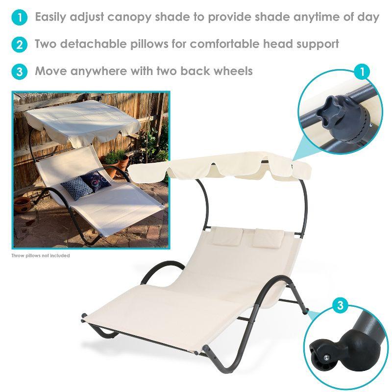 Sunnydaze Outdoor Double Chaise Lounge with Canopy Shade and Headrest Pillows, Beige