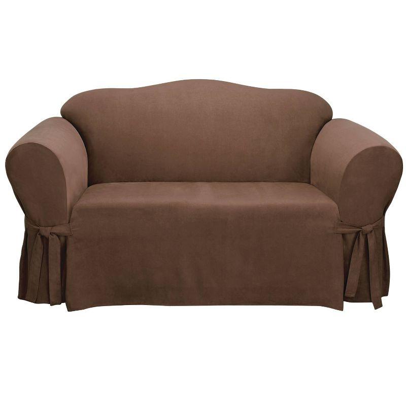 Soft Suede Loveseat Slipcover Chocolate - Sure Fit: Stretch Fit Polyester & Spandex, Indoor Use, Zipper Closure