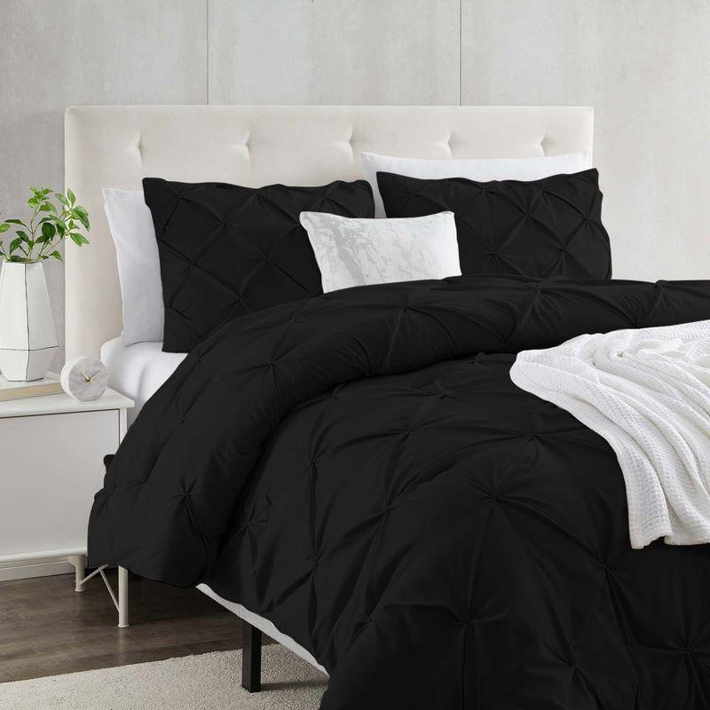 Nestl 3 Piece Pinch Pleated Duvet Cover Set, Full Size Pintuck Duvet Cover with Button Closure, Black