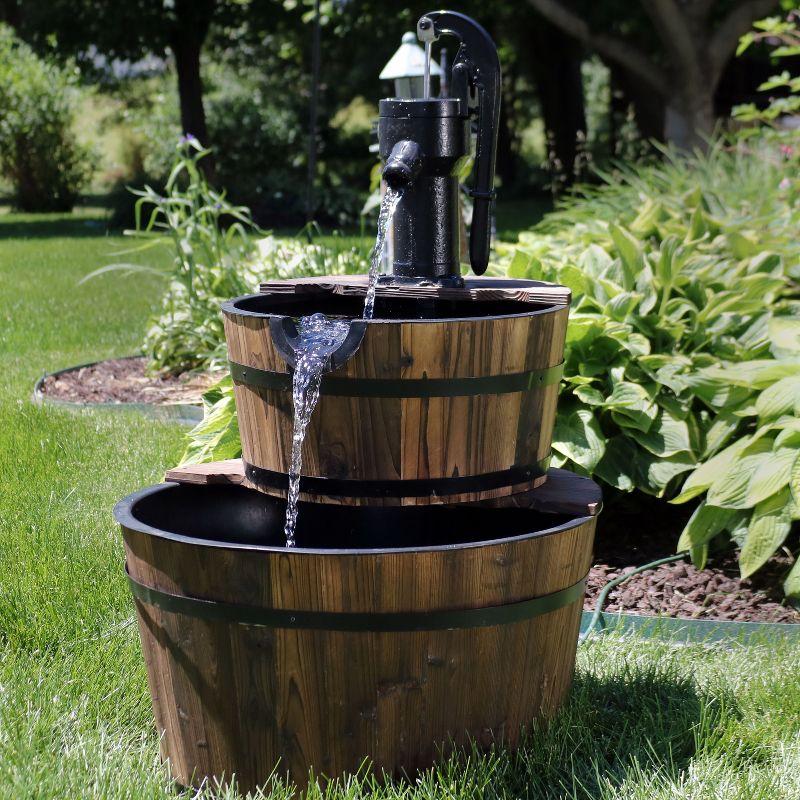 Sunnydaze 34"H Electric Fir Wood 2-Tier Farmhouse Barrel with Metal Decorative Hand Pump Outdoor Water Fountain