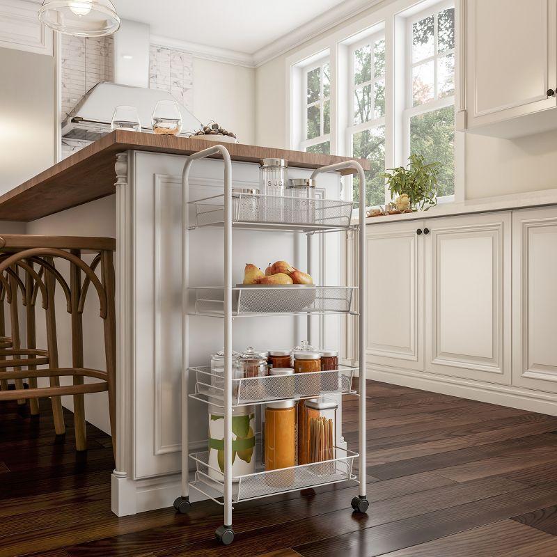 White Metal 4-Tier Rolling Kitchen Storage Cart