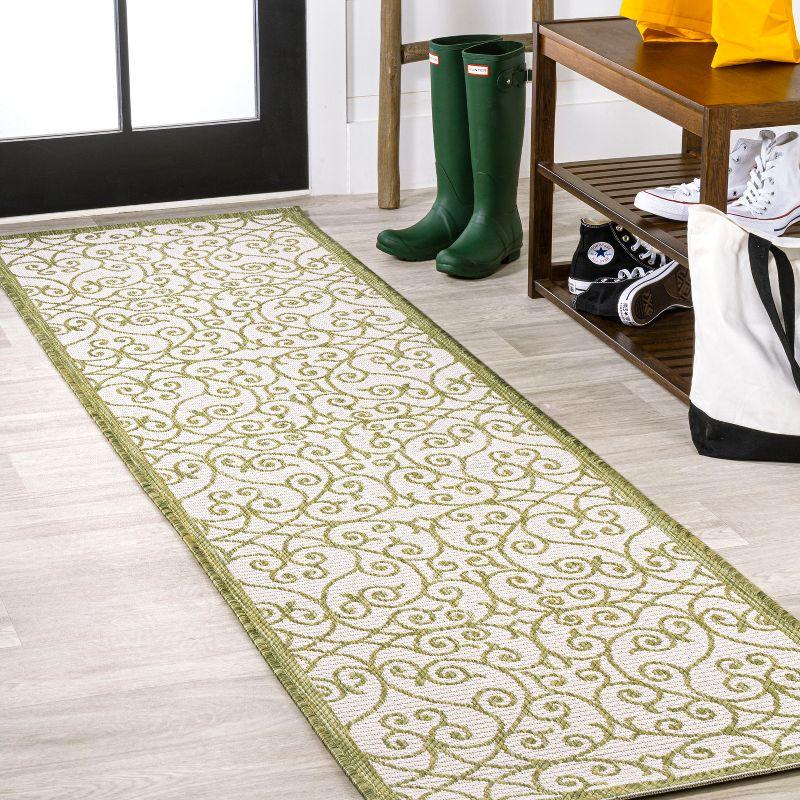 2' x 10' Madrid Vintage Filigree Textured Weave Indoor/Outdoor Runner Rug, Green/Cream - JONATHAN Y