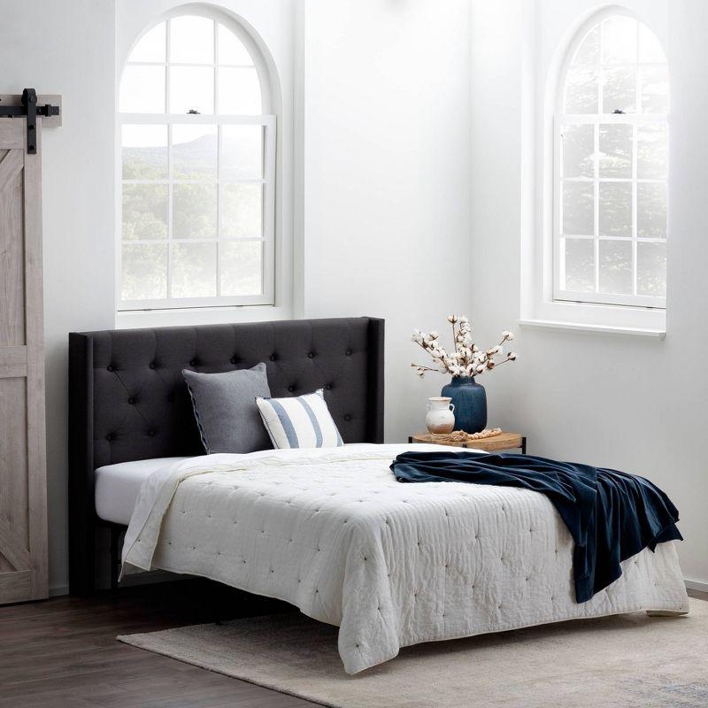 Bella Charcoal Linen-Inspired Tufted Wingback Full Headboard