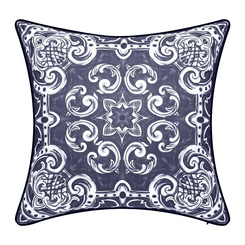 Navy and White Bohemian Outdoor Square Throw Pillow