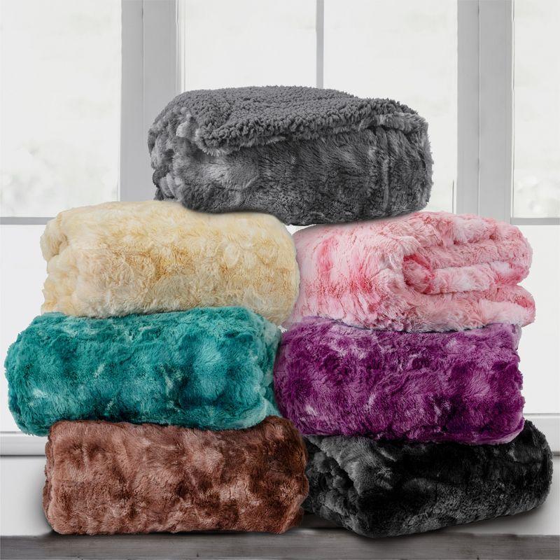 PAVILIA Tie-Dye Faux Fur Throw Blanket, Furry Fuzzy Fluffy Shaggy Plush Warm Reversible Thick for Bed Couch Sofa