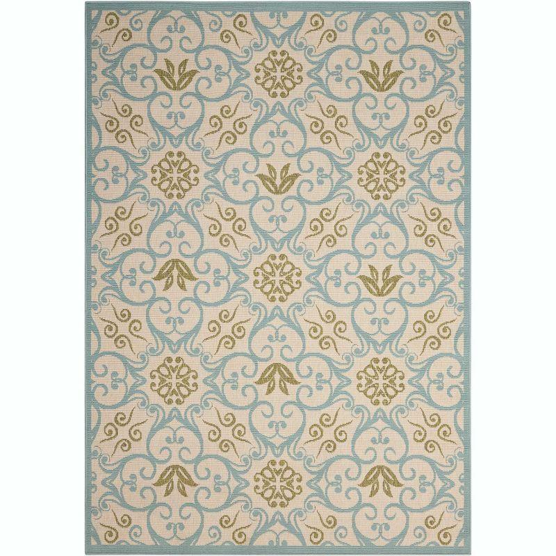 Ivory and Blue Floral Synthetic 9'3" x 12'9" Round Area Rug