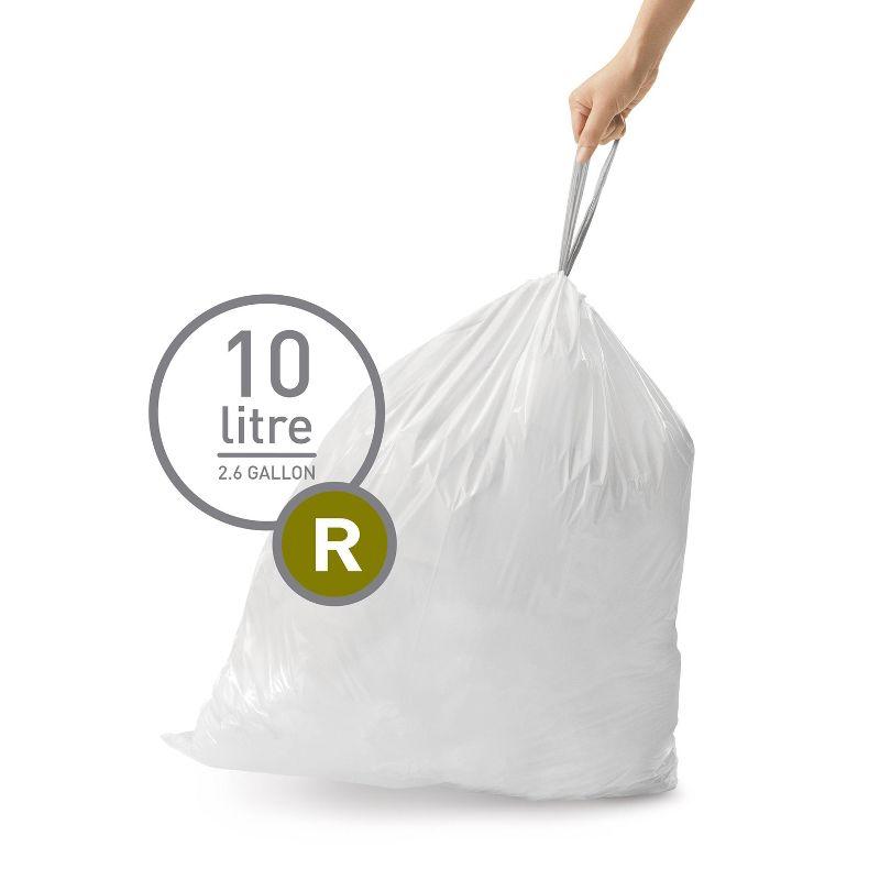 simplehuman 10L Code R Custom Fit Kitchen Trash Bag Liners 3 Quick-Dispenser Pack - 60ct: Drawstring, White, 10L Capacity