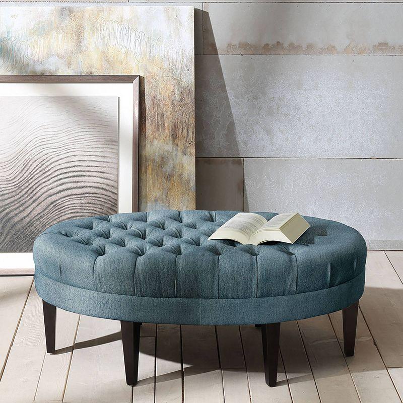 Elegant Surfboard Tufted Cocktail Ottoman in Dusty Blue