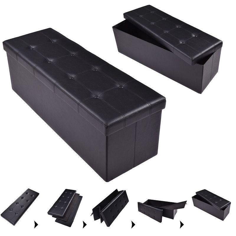 Costway 45''x15''x15'' Large Folding Storage Faux Leather Ottoman Pouffe Box Stool Black