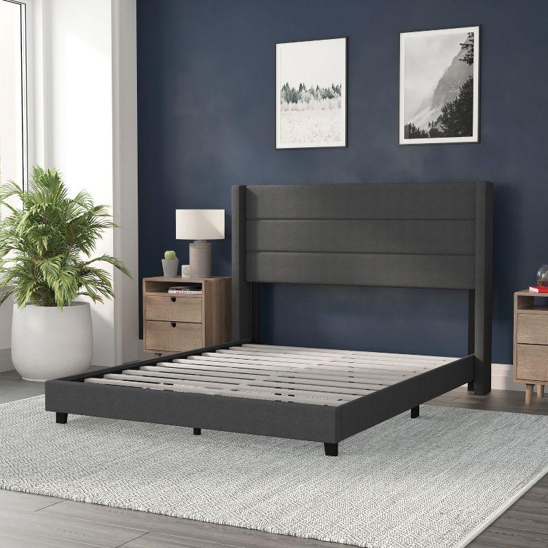 Flash Furniture Hollis Queen Upholstered Platform Bed with Wingback Headboard, No Box Spring Needed, Charcoal Faux Linen