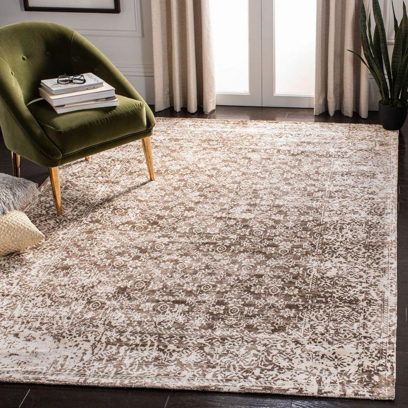 Elegant Ivory and Light Brown Hand-Knotted Wool-Viscose 6' x 9' Rug