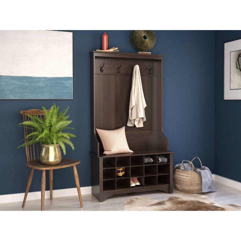 Prepac Hall Tree with Shoe Storage Espresso Brown: Entryway Organizer, 4 Metal Hooks, Wood Composite