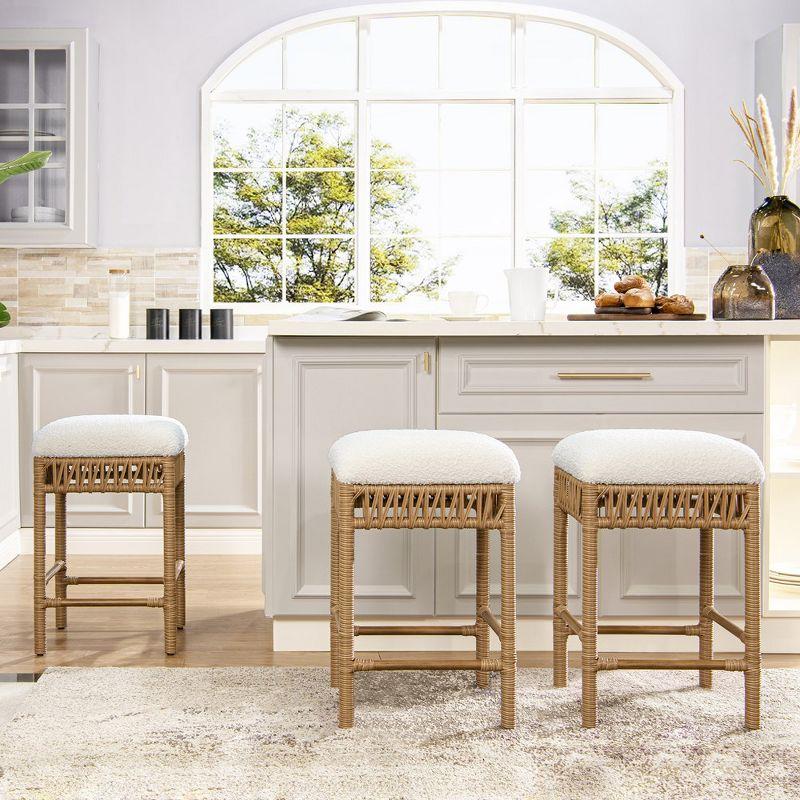 Bayou Breeze Lucia 25.5" Backless Upholstered Counter Stool With Resin Rattan Frame, Ivory White Boucle,Upholstered dining room chair,dinning chair,kitchen chair