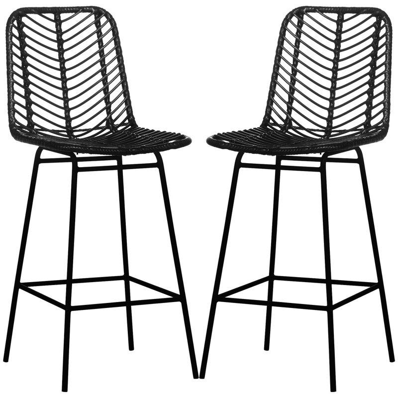 HOMCOM Modern Rattan Bar Stools Set of 2, Breathable Steel-Base Wicker Counter Height Barstools for Kitchen Counter, Black