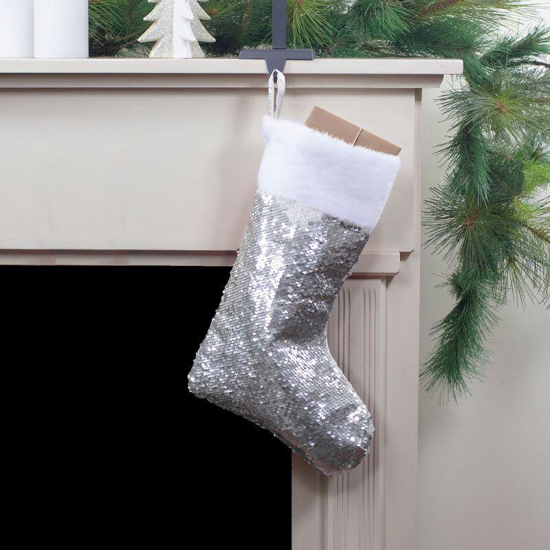 Northlight 19" White and Silver Sequin Christmas Stocking With White Faux Fur Cuff