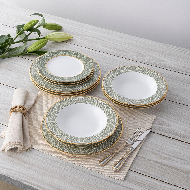 Green and Gold Porcelain 12-Piece Dinnerware Set, Service for 4