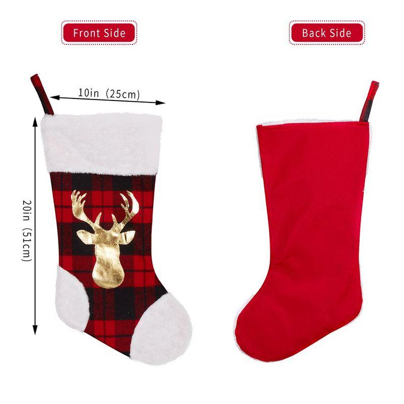 20" Large Christmas Stockings, 3 Pack Red Buffalo Plaid Xmas Stockings with Elk Pattern